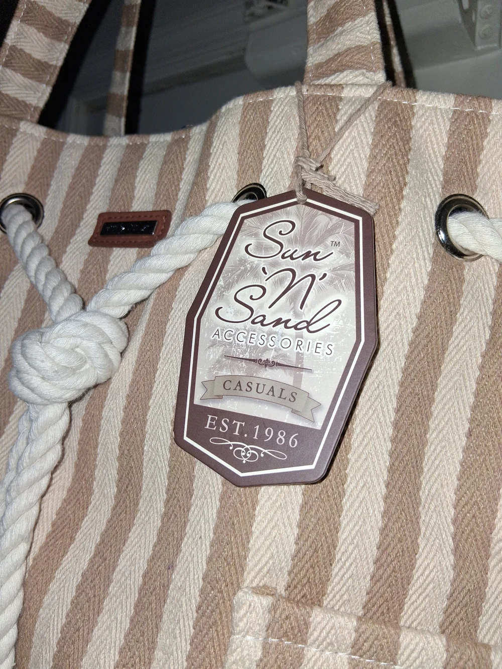 SUN and SAND Cream and Brown Stripe Tote Bag with Rope Closure Detail NWT